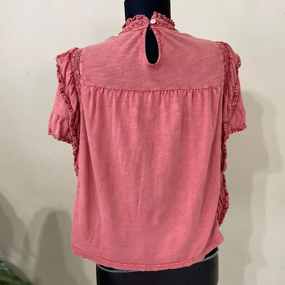 Free People Le Femme Top Babydoll XS Sun washed red ruffle BOHO Peasant blouse